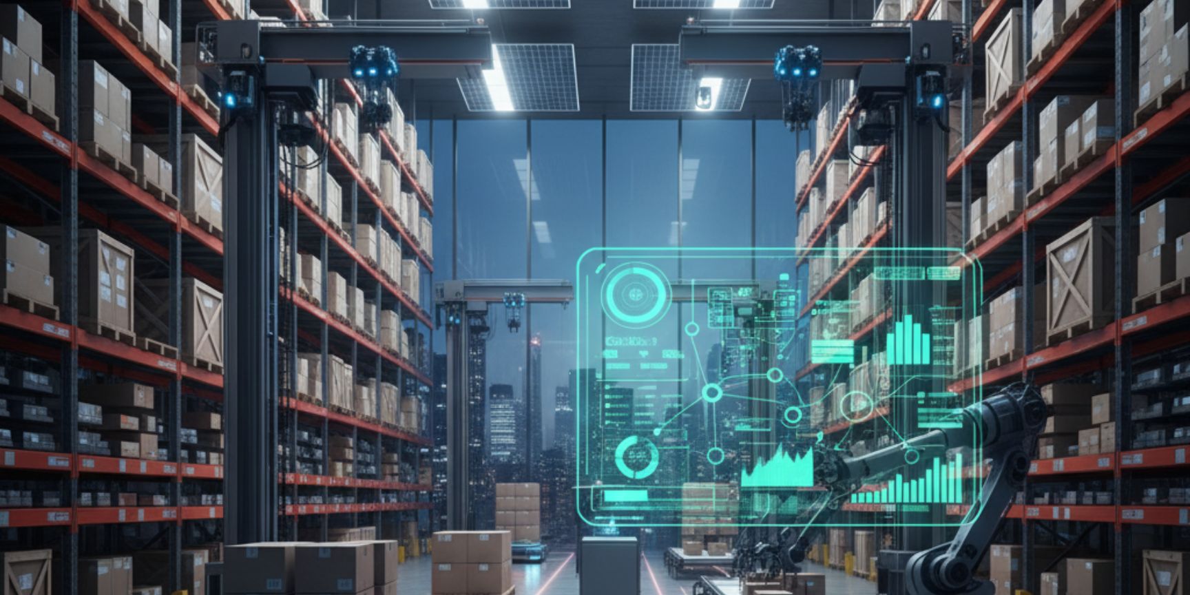 Automated high-bay warehouse with narrow aisles and fully loaded shelves. An autonomous vehicle transports cardboard boxes on the floor, while in the background a robotic arm places packages on a conveyor belt. A floating, glowing display visualizes complex MRP data and logistics flows that represent the global supply chain